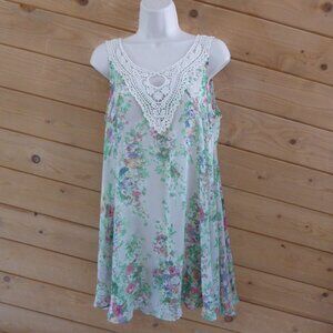 IORI Ivory Green Floral A-line Boho Crochet Tank Sheer Flowy Dress Bohemian M
